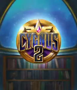 Explore the enchanting graphics of Cygnus 2 Slot by ELK Studios, featuring a luxurious emblem with a bright design in purple and gold. Positioned against a celestial background of a library, this graphic evokes the spirit of mystical exploration. 